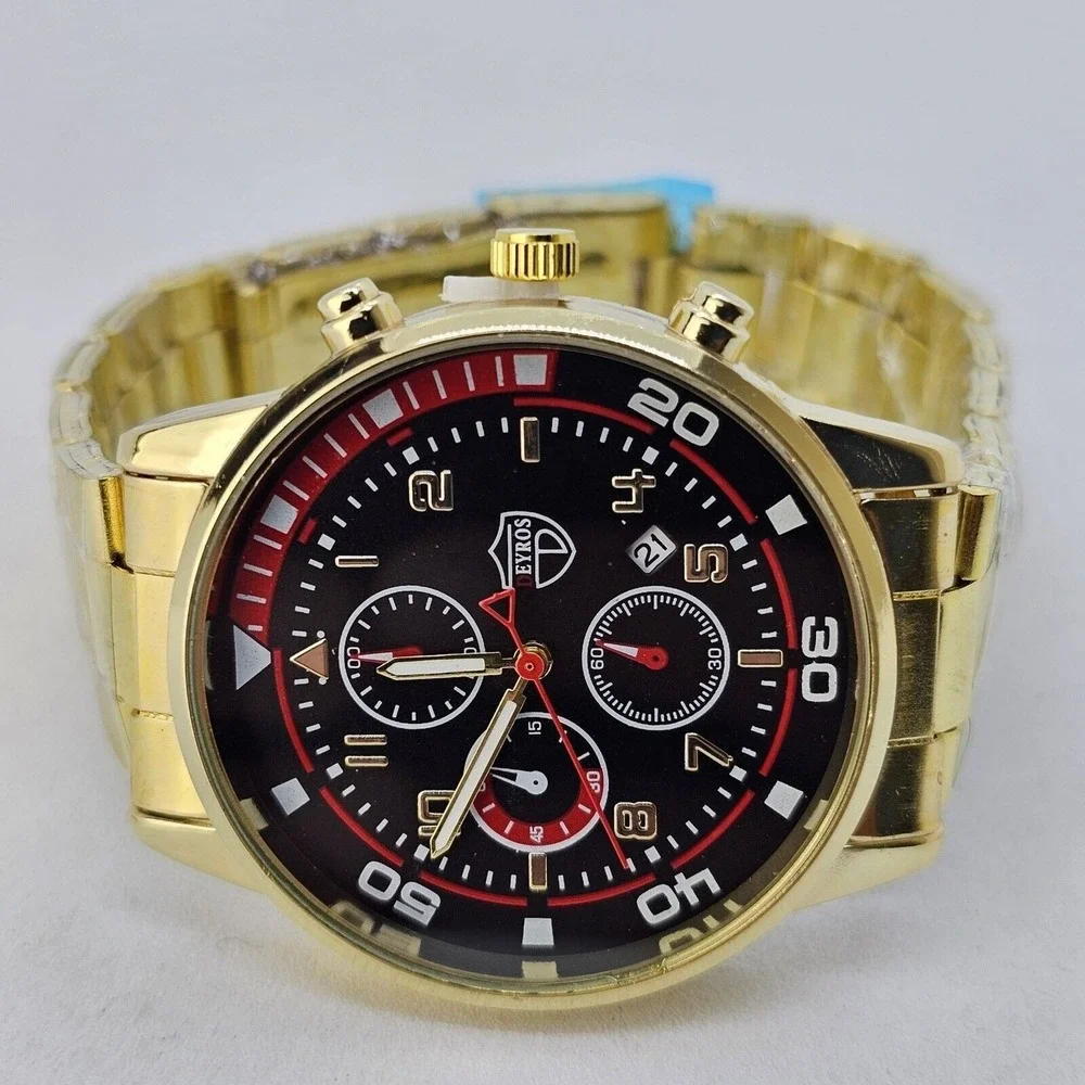 3PC Men's Watch Bracelet Necklace Set 41MM Black Dial Date Gold Bracelet Band 7